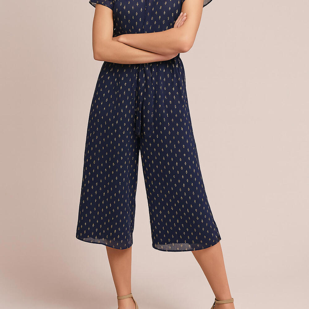 Plenty by Tracy Reese Women's XS Petite Blue Gold SS Romper Tie Waist Jumpsuit